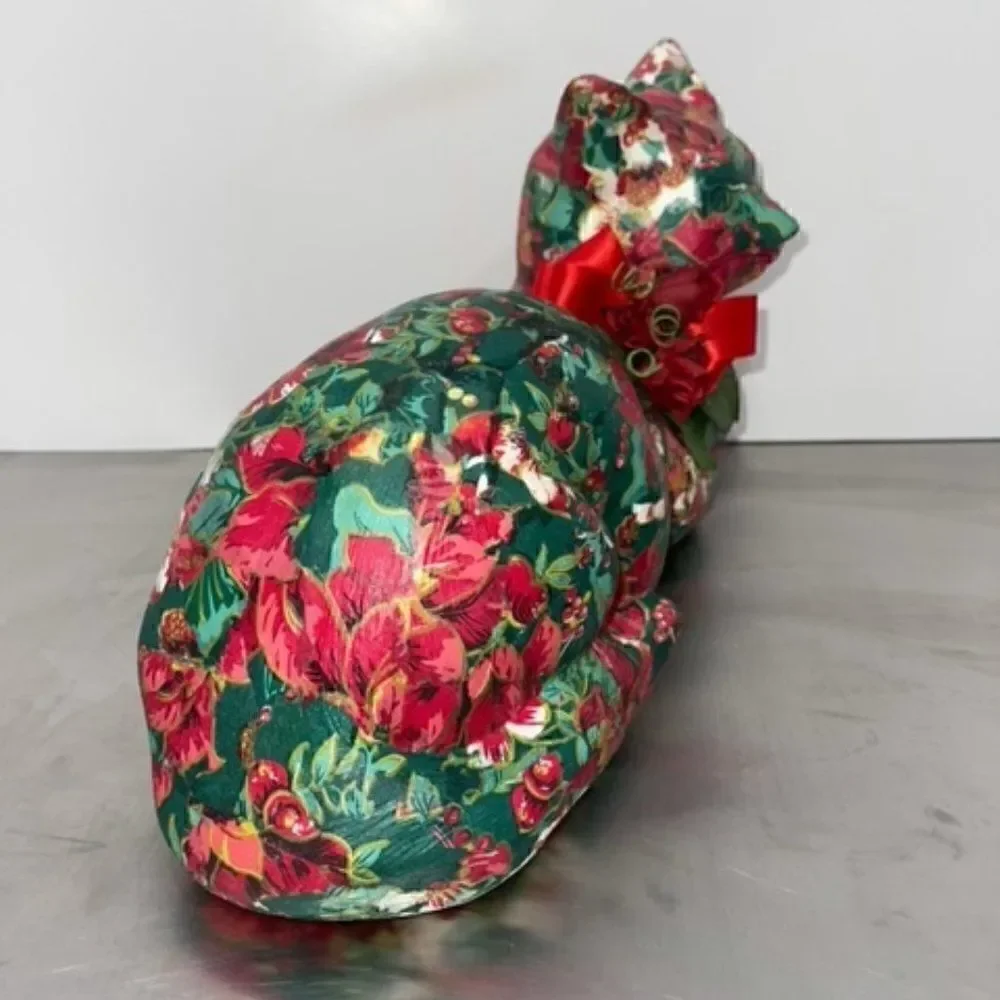 Large Paper Mache Christmas Cat Red Green White Gold Laying Down Roses Bow 12.25